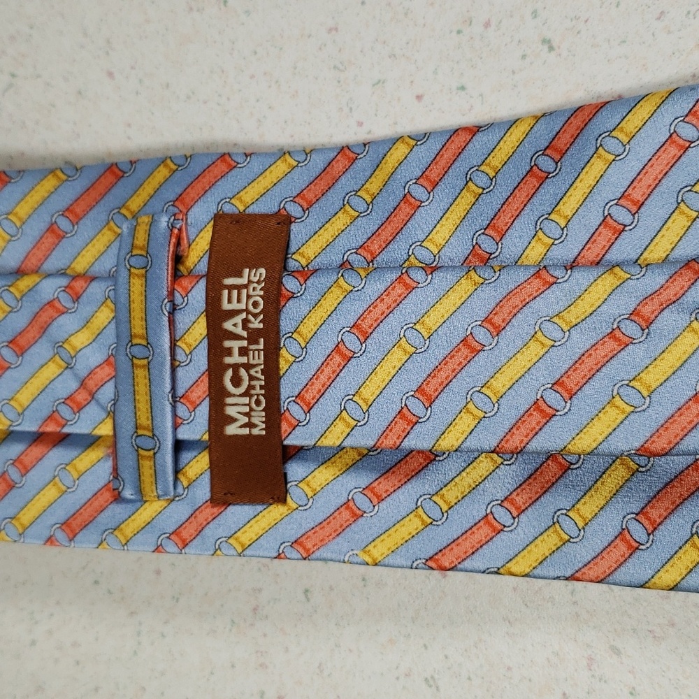 Michael Kors Men's Lite Blue Red Yellow Silk Dress Necktie - Picture 4 of 8